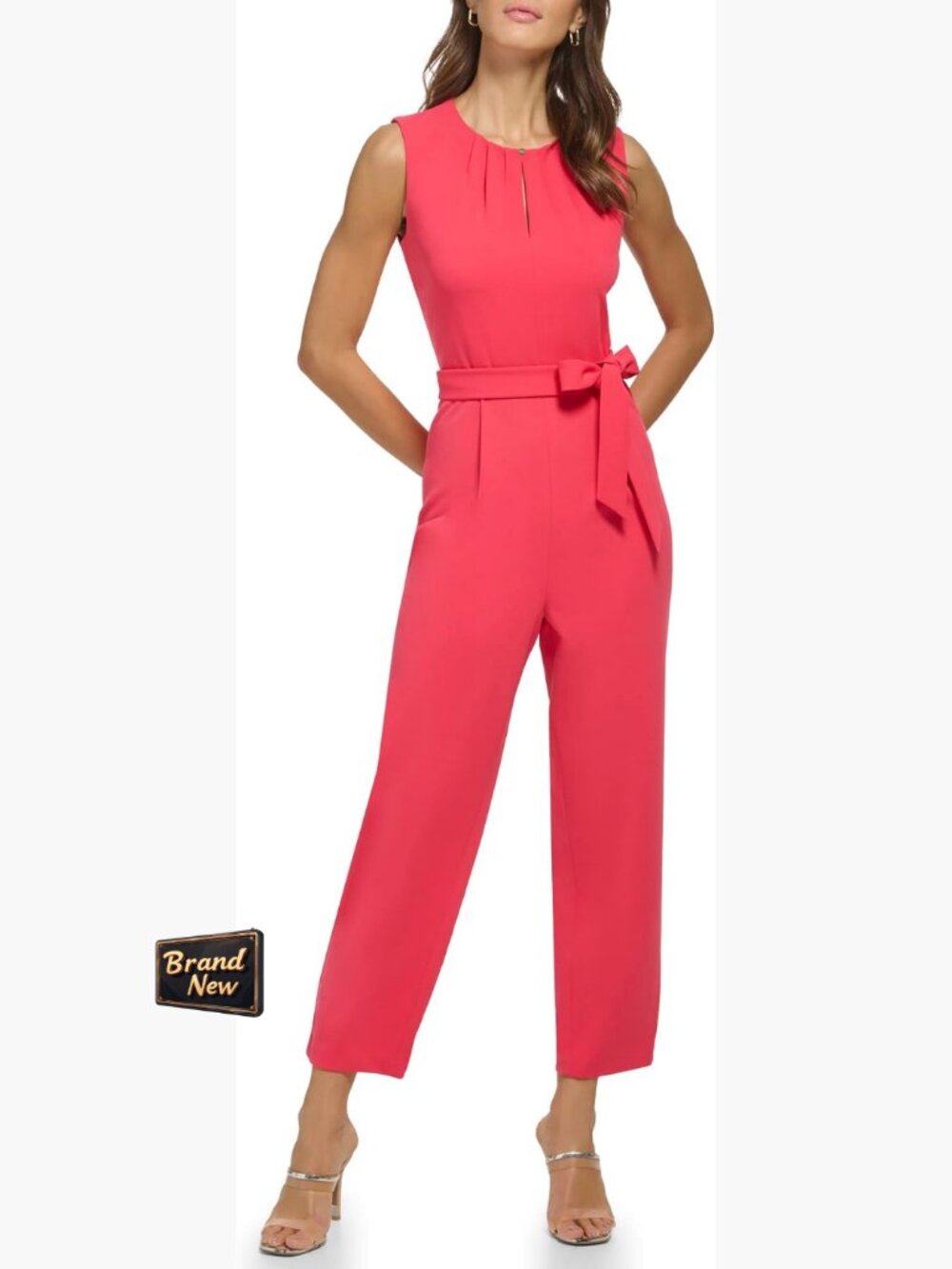 Sleeveless Scuba Crepe Jumpsuit Size 14 Relaxed Fit Belted Back Zipper